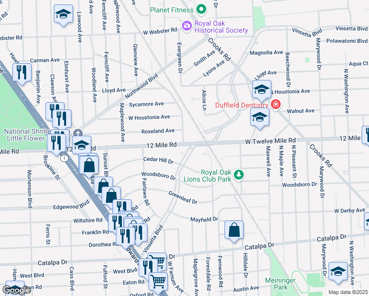 map of restaurants, bars, coffee shops, grocery stores, and more near 1806 Evergreen Drive in Royal Oak