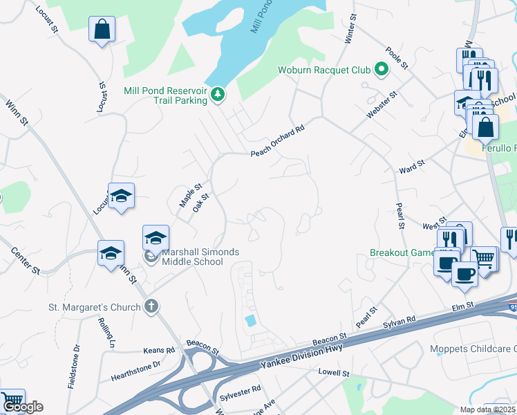 map of restaurants, bars, coffee shops, grocery stores, and more near 521 Arboretum Way in Burlington