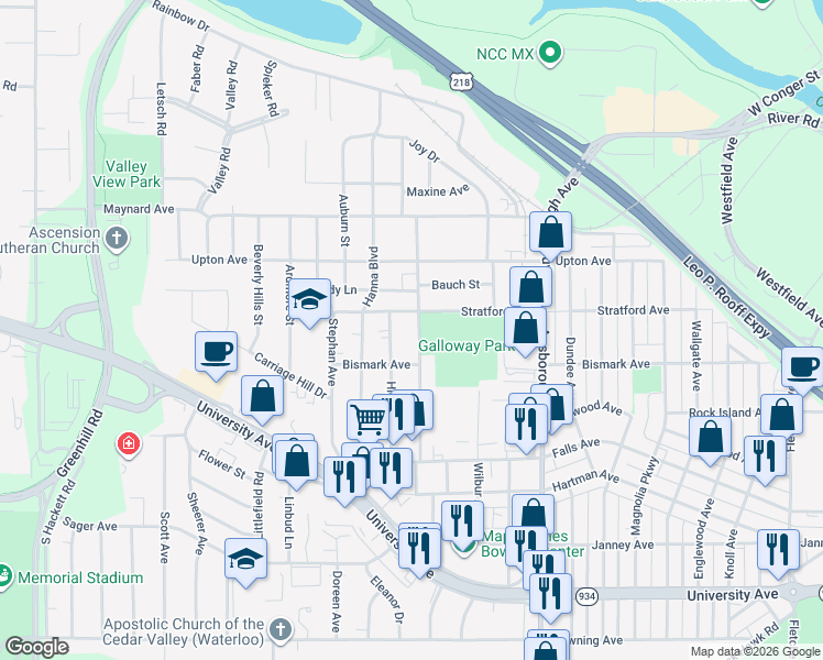map of restaurants, bars, coffee shops, grocery stores, and more near 600 Maxwell Street in Waterloo
