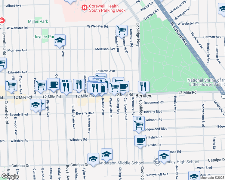 map of restaurants, bars, coffee shops, grocery stores, and more near 3527 Wakefield Road in Berkley