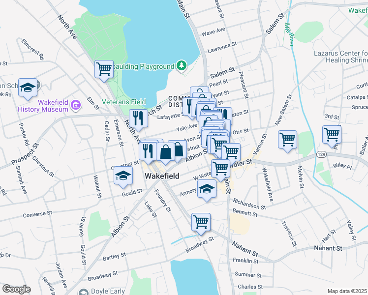 map of restaurants, bars, coffee shops, grocery stores, and more near 15 Chestnut Street in Wakefield