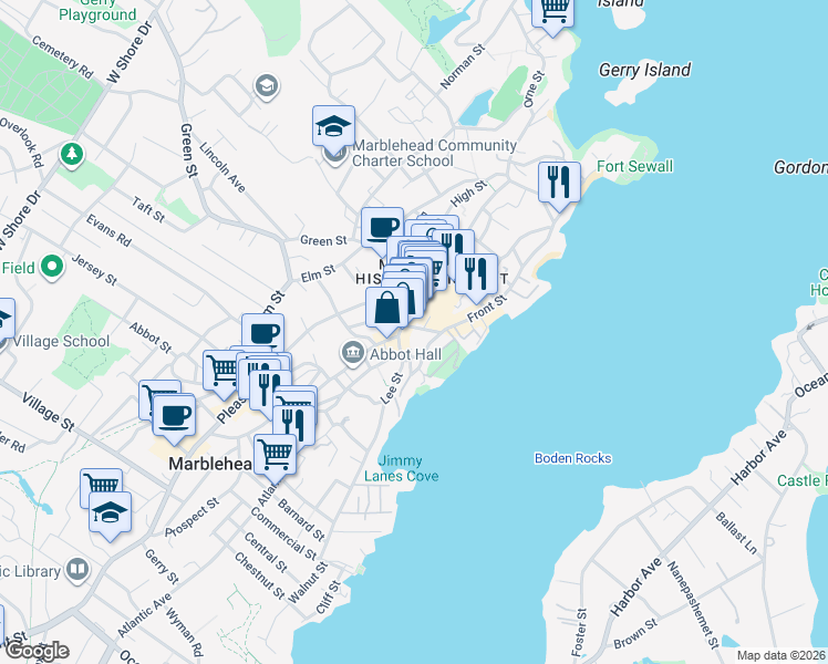 map of restaurants, bars, coffee shops, grocery stores, and more near 18 Darling Street in Marblehead