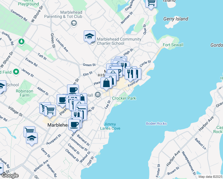 map of restaurants, bars, coffee shops, grocery stores, and more near 150 Washington Street in Marblehead