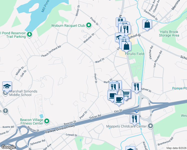 map of restaurants, bars, coffee shops, grocery stores, and more near 72 Pearl Street in Woburn