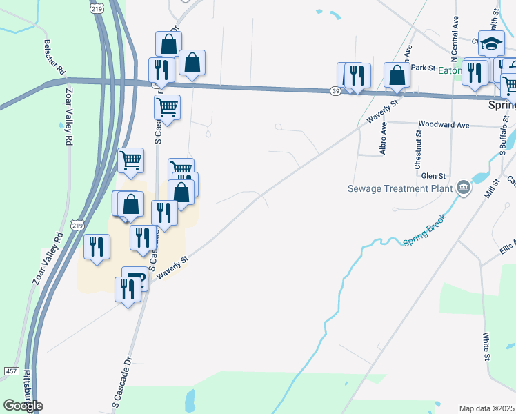 map of restaurants, bars, coffee shops, grocery stores, and more near 23 Commerce Drive in Springville