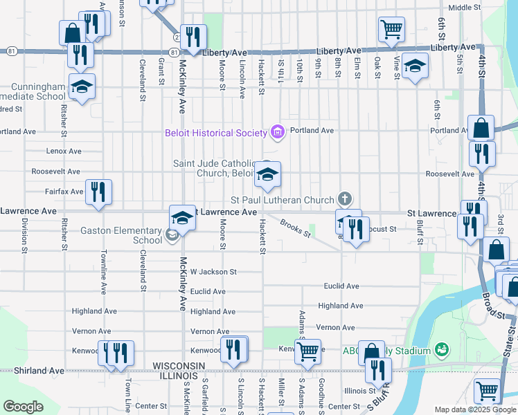 map of restaurants, bars, coffee shops, grocery stores, and more near 716 Hackett Street in Beloit