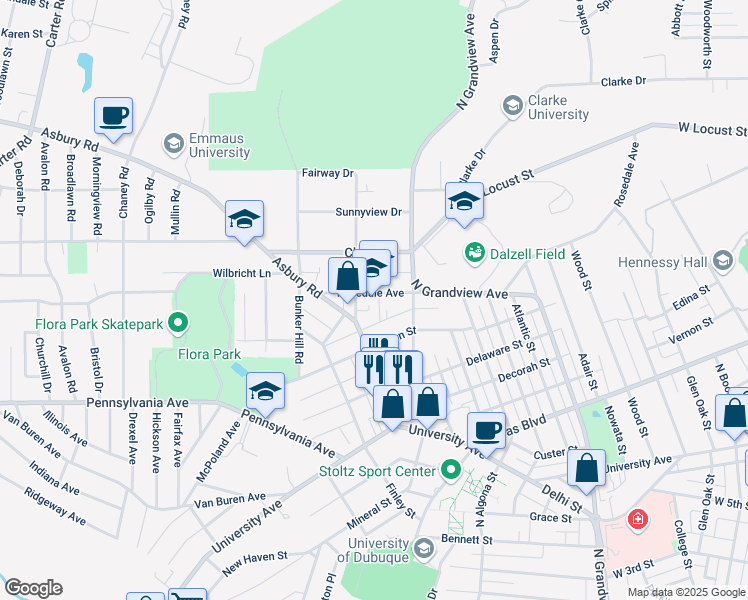 map of restaurants, bars, coffee shops, grocery stores, and more near 2175 Rosedale Ave in Dubuque