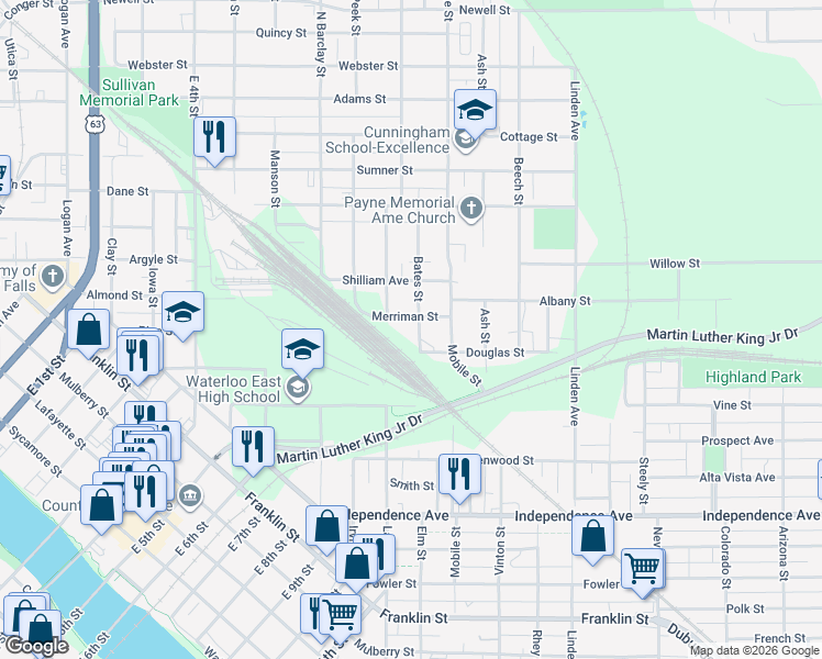 map of restaurants, bars, coffee shops, grocery stores, and more near 200 Merriman Street in Waterloo