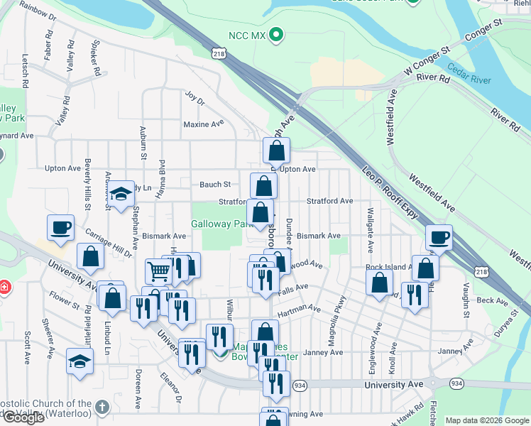 map of restaurants, bars, coffee shops, grocery stores, and more near 901-999 Stratford Avenue in Waterloo