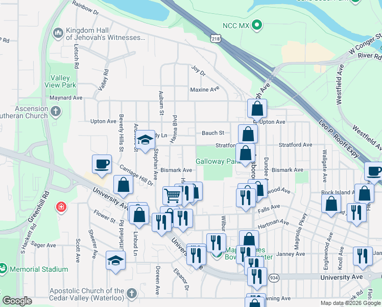 map of restaurants, bars, coffee shops, grocery stores, and more near 600 Maxwell Street in Waterloo