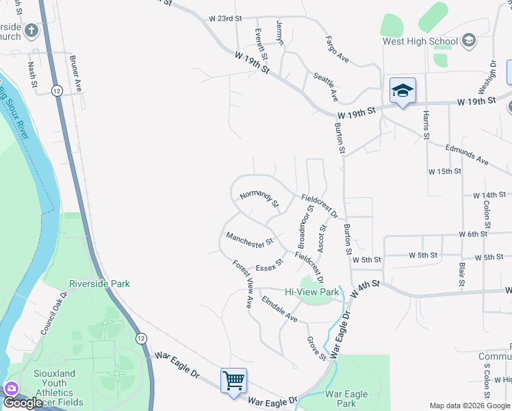 map of restaurants, bars, coffee shops, grocery stores, and more near 4036 Normandy Street in Sioux City