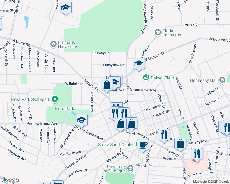 map of restaurants, bars, coffee shops, grocery stores, and more near 2175 Rosedale Avenue in Dubuque