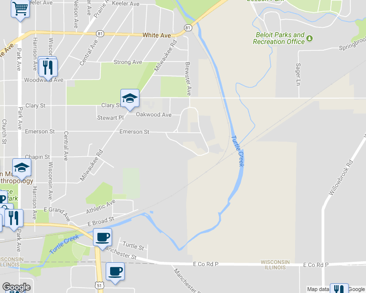 map of restaurants, bars, coffee shops, grocery stores, and more near Sherwood Drive Southwest in Beloit