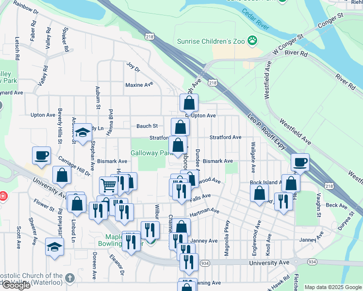 map of restaurants, bars, coffee shops, grocery stores, and more near 901-999 Stratford Avenue in Waterloo