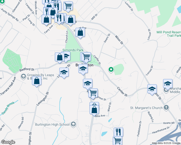 map of restaurants, bars, coffee shops, grocery stores, and more near 14 Cedarwood Lane in Burlington