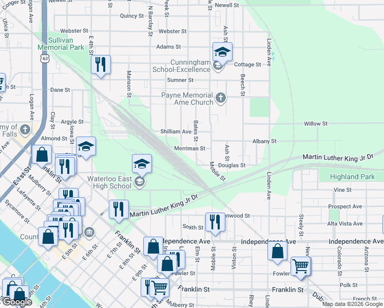 map of restaurants, bars, coffee shops, grocery stores, and more near 200 Merriman Street in Waterloo