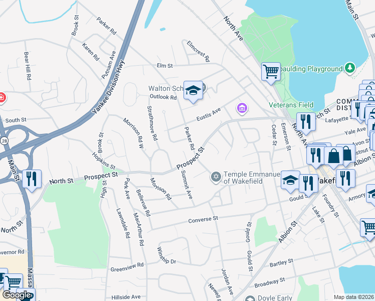 map of restaurants, bars, coffee shops, grocery stores, and more near 95 Prospect Street in Wakefield