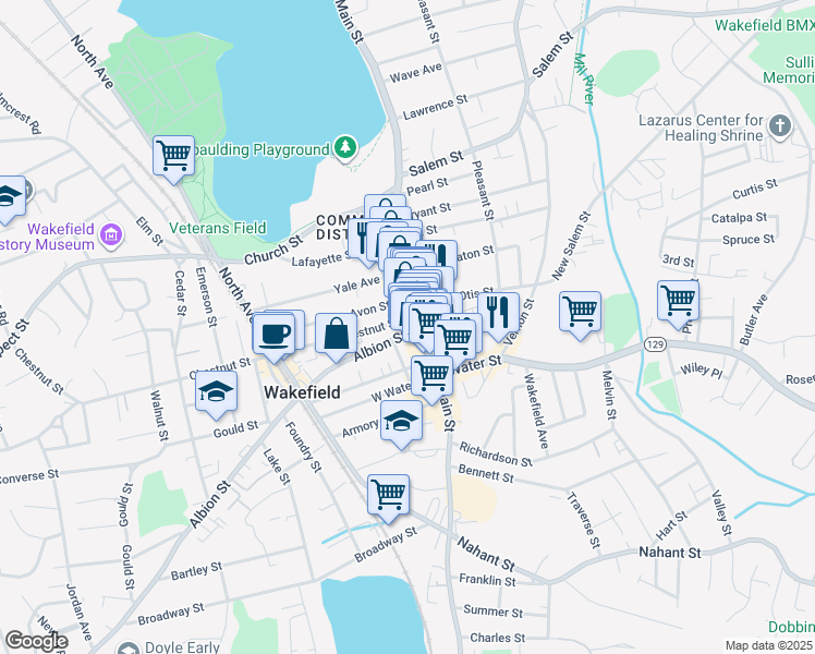 map of restaurants, bars, coffee shops, grocery stores, and more near 371 Main Street in Wakefield