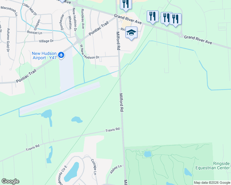 map of restaurants, bars, coffee shops, grocery stores, and more near 29321 Milford Road in New Hudson