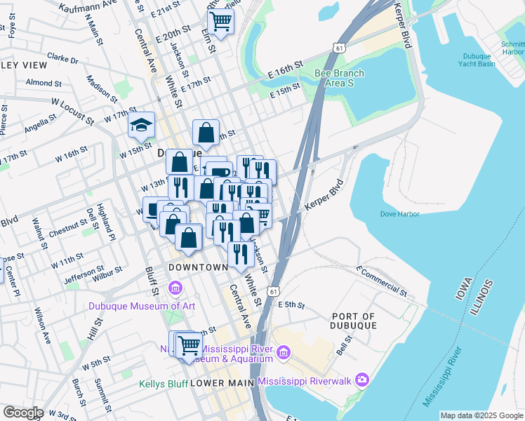 map of restaurants, bars, coffee shops, grocery stores, and more near 331-165 East 10th Street in Dubuque