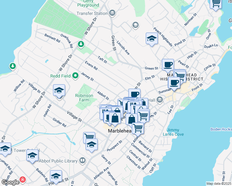 map of restaurants, bars, coffee shops, grocery stores, and more near 19 Jersey Street in Marblehead