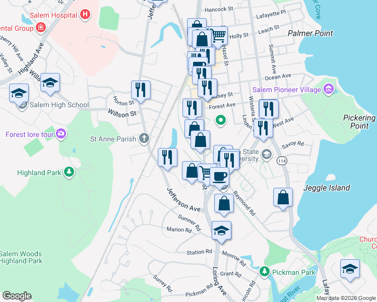 map of restaurants, bars, coffee shops, grocery stores, and more near 266 Canal Street in Salem