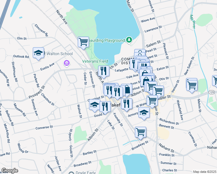 map of restaurants, bars, coffee shops, grocery stores, and more near 45 Avon Street in Wakefield