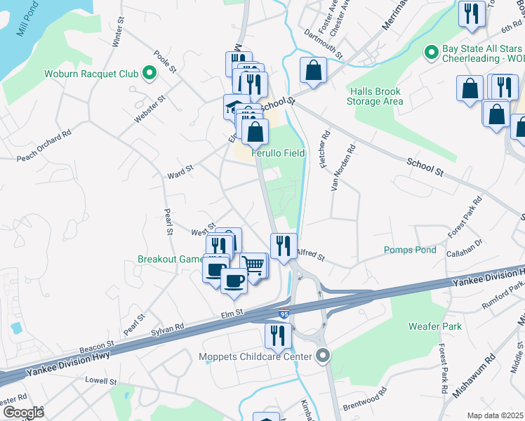 map of restaurants, bars, coffee shops, grocery stores, and more near 5 Patricia Circle in Woburn