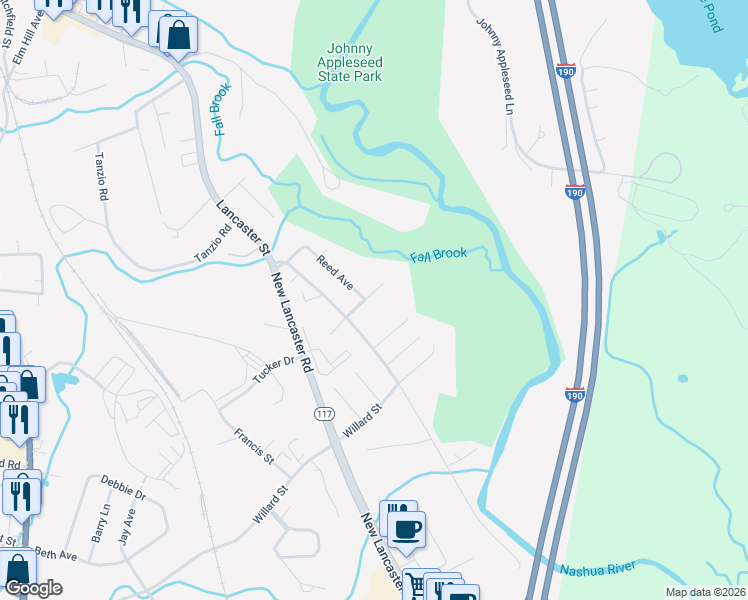 map of restaurants, bars, coffee shops, grocery stores, and more near 39 Barnes Street in Leominster