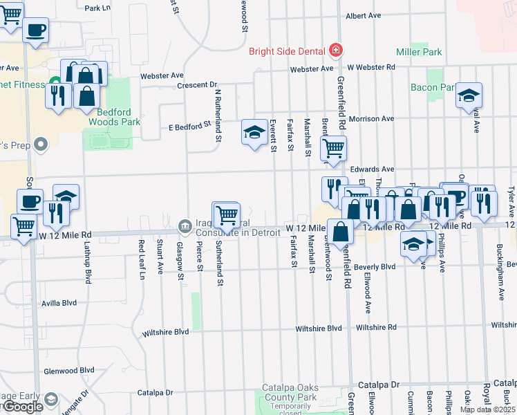 map of restaurants, bars, coffee shops, grocery stores, and more near 29129 Everett Street in Southfield