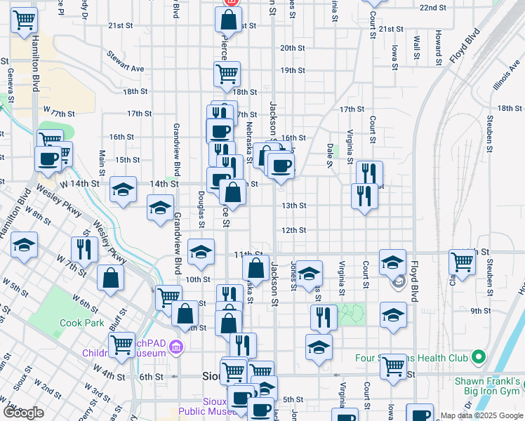 map of restaurants, bars, coffee shops, grocery stores, and more near 613-15 13th Street in Sioux City