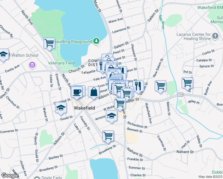 map of restaurants, bars, coffee shops, grocery stores, and more near 8 Avon Street in Wakefield