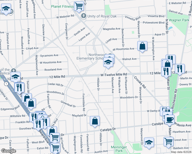 map of restaurants, bars, coffee shops, grocery stores, and more near 1107 Twelve Mile Road in Royal Oak
