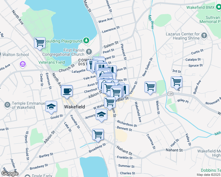 map of restaurants, bars, coffee shops, grocery stores, and more near 21 Princess Street in Wakefield