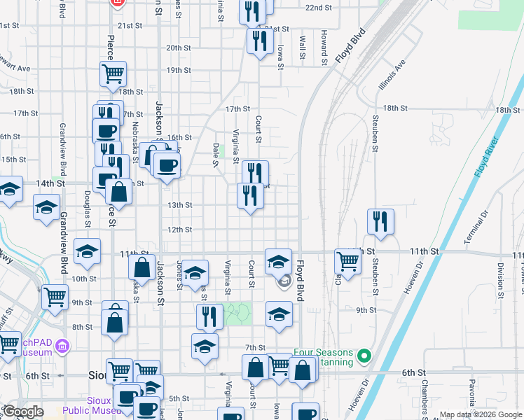 map of restaurants, bars, coffee shops, grocery stores, and more near 1110 13th Street in Sioux City