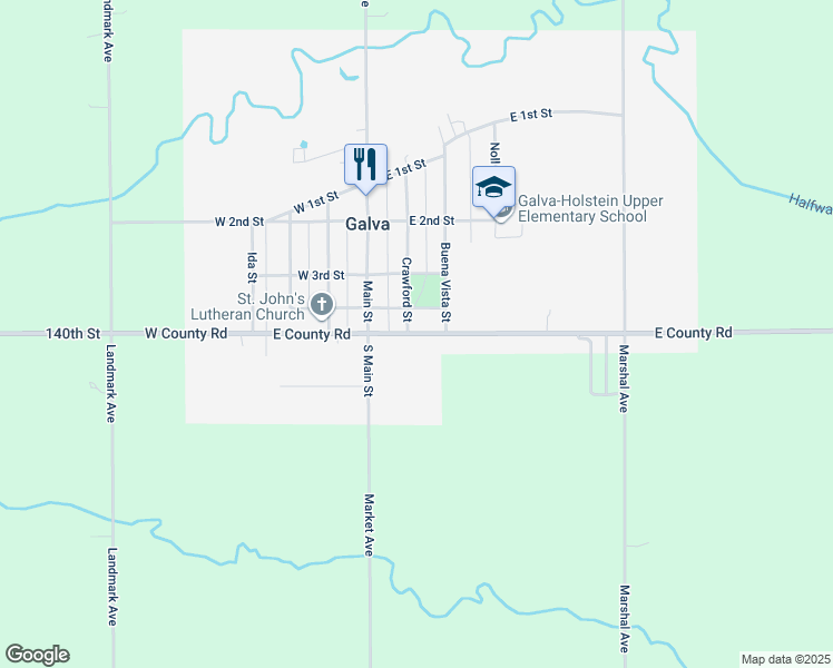 map of restaurants, bars, coffee shops, grocery stores, and more near East County Road in Galva