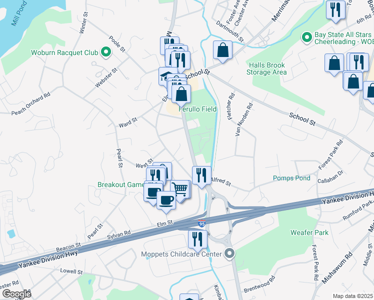 map of restaurants, bars, coffee shops, grocery stores, and more near 5 Patricia Circle in Woburn