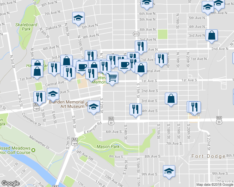 map of restaurants, bars, coffee shops, grocery stores, and more near 211 South 13th Street in Fort Dodge