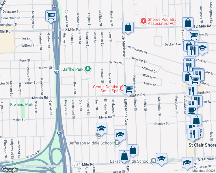 map of restaurants, bars, coffee shops, grocery stores, and more near 28600 Boston Street in St. Clair Shores