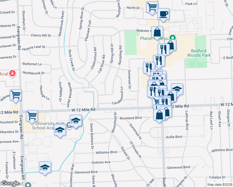 map of restaurants, bars, coffee shops, grocery stores, and more near 29256 Rambling Road in Southfield
