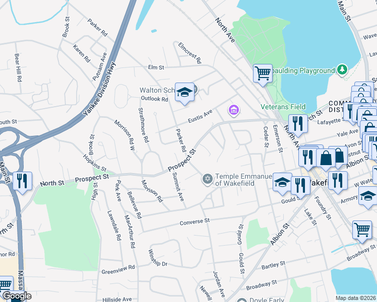 map of restaurants, bars, coffee shops, grocery stores, and more near 95 Prospect Street in Wakefield