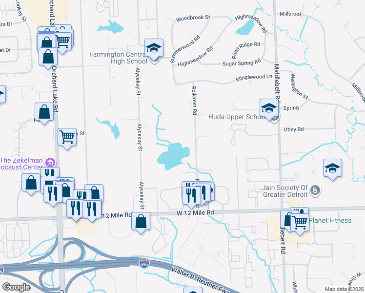 map of restaurants, bars, coffee shops, grocery stores, and more near 28180 Rollcrest Rd in Farmington Hills
