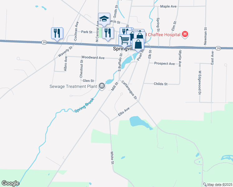 map of restaurants, bars, coffee shops, grocery stores, and more near 152 Mill Street in Springville