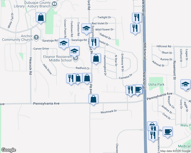 map of restaurants, bars, coffee shops, grocery stores, and more near 1880 Radford Road in Dubuque