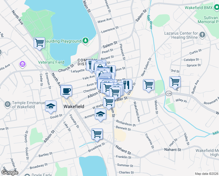 map of restaurants, bars, coffee shops, grocery stores, and more near 21 Princess Street in Wakefield
