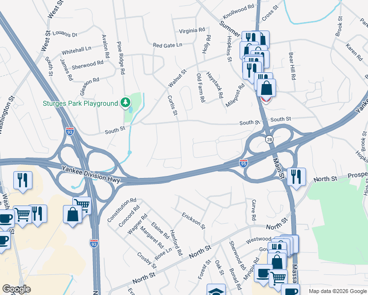 map of restaurants, bars, coffee shops, grocery stores, and more near 80 Curtis Street in Reading