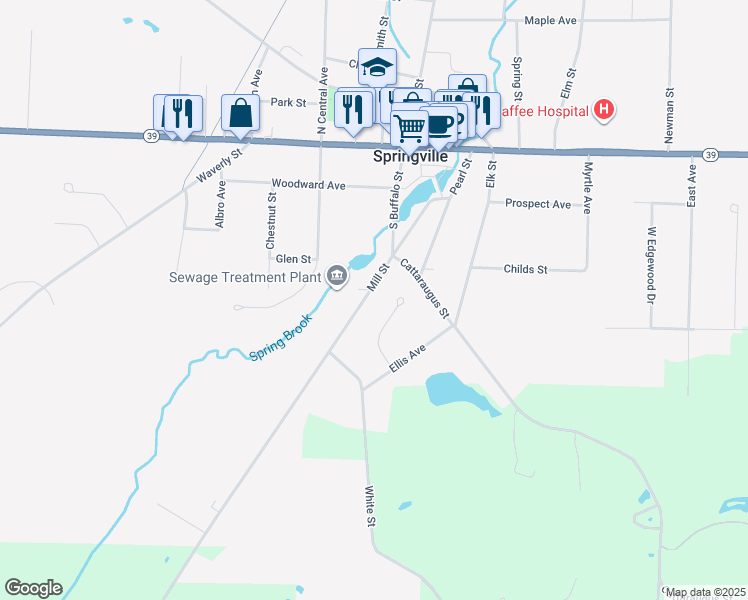 map of restaurants, bars, coffee shops, grocery stores, and more near 152 Mill Street in Springville