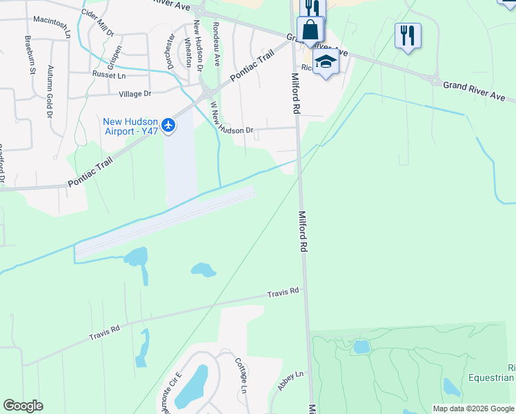 map of restaurants, bars, coffee shops, grocery stores, and more near 29321 Milford Road in Lyon Charter Township
