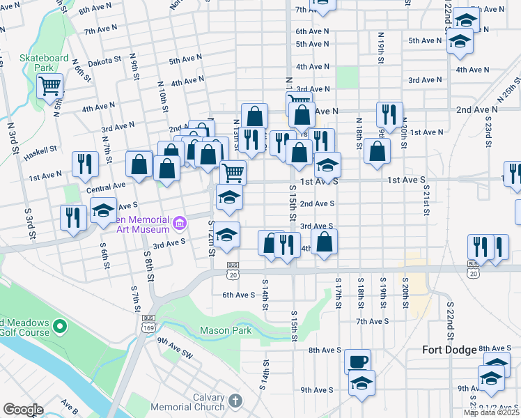 map of restaurants, bars, coffee shops, grocery stores, and more near 1333 2nd Avenue South in Fort Dodge