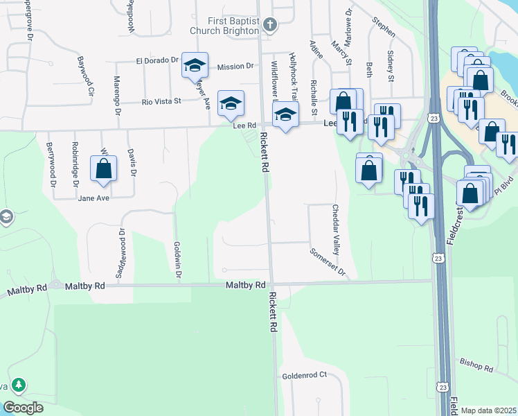 map of restaurants, bars, coffee shops, grocery stores, and more near 6758 Rickett Road in Brighton